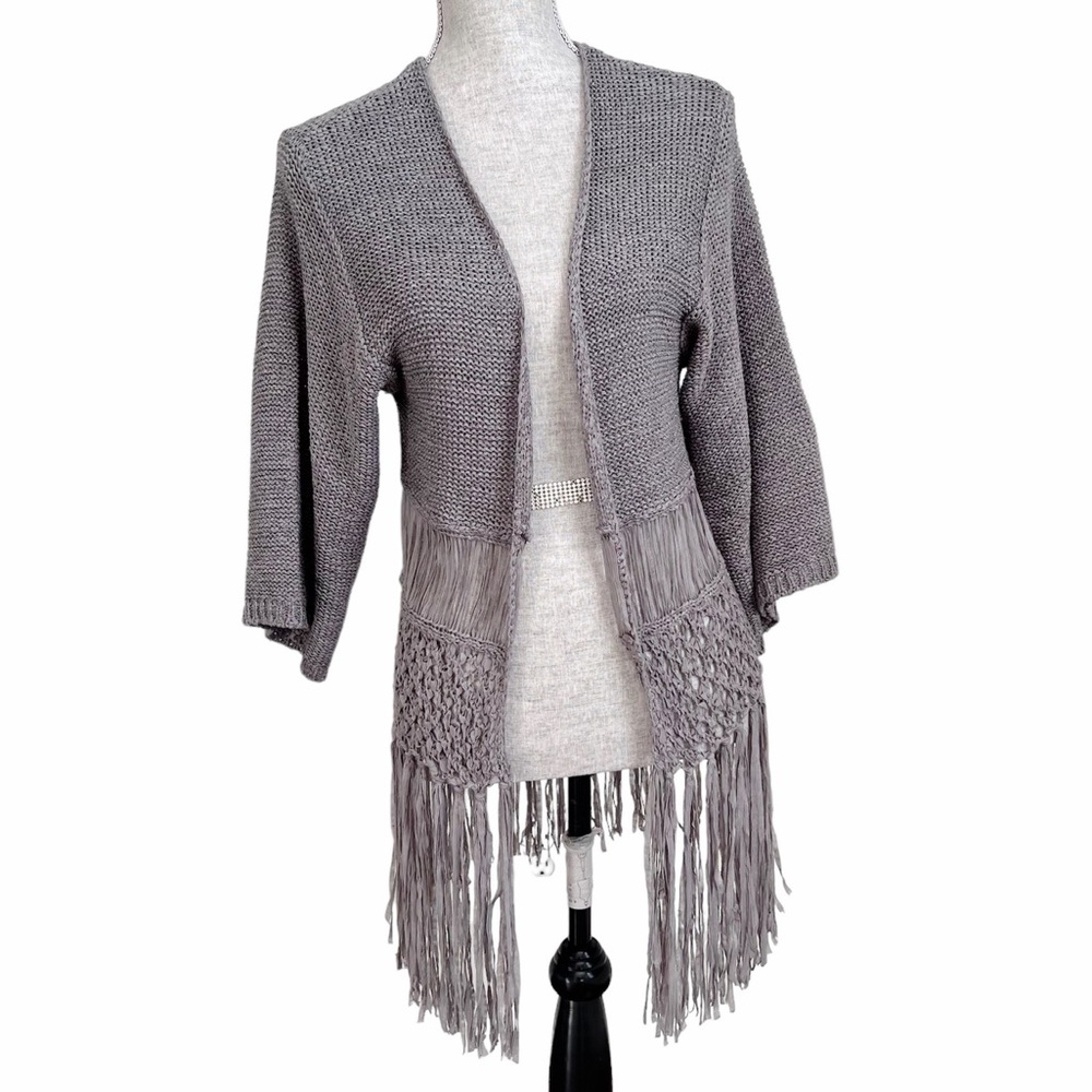 NY Collection Fringe Cardigan Sweater Grey Boho Top XS